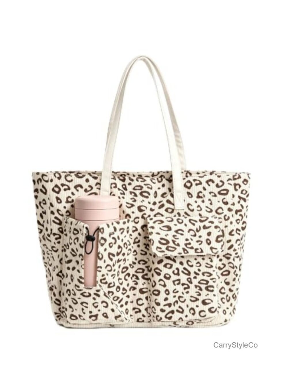 Large Corduroy Tote Bag with Zipper PU Leather Straps Shoulder Bag